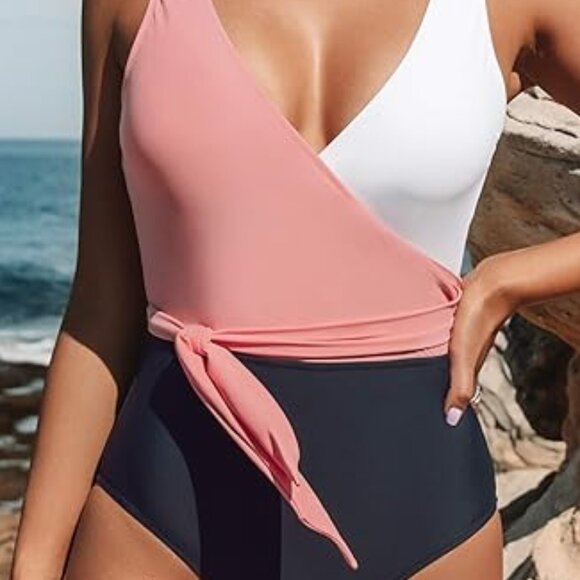 Women's One Piece Swimsuit Wrap Color Block Tie Side Bathing Suit - Picture 1 of 9